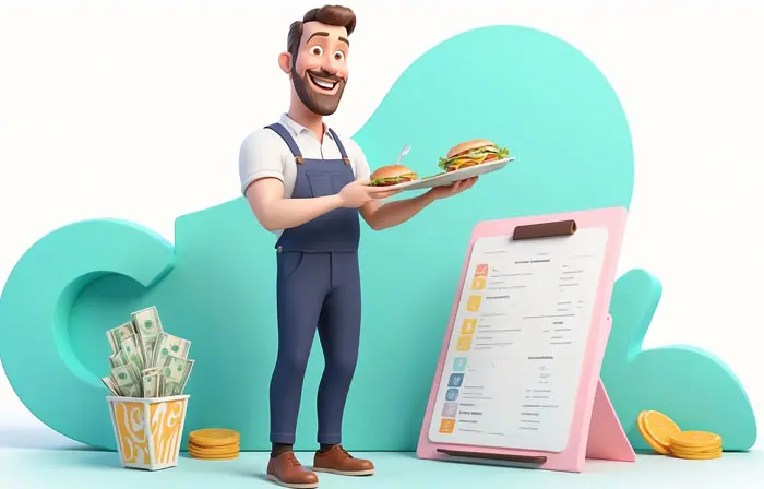 Waiter with a Tray of Burgers Professional 3D Character Artwork Illustration